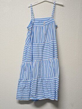 Women's Blue and White Stripe Spaghetti Strap A-line Tiered Midi Dress
